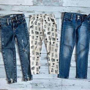 Girls size 5 pants bundle- two jeggings and grey animal print leggings.